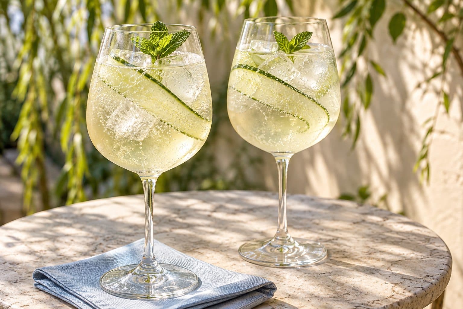 AI-created concept image of two elderflower and cucumber spritzes with ice and mint.