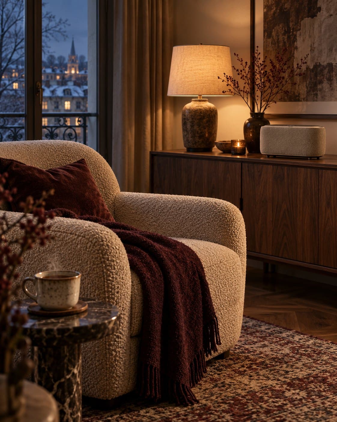 A boucle armchair, cup and compact speaker in a softly lit room at winter dusk.