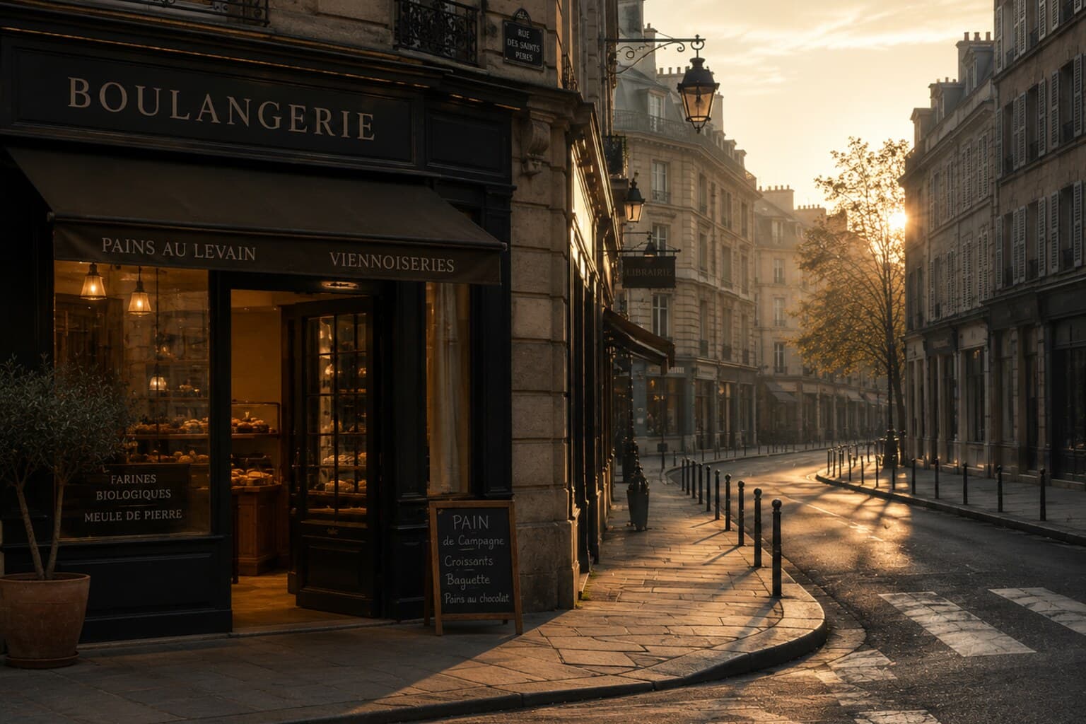An empty city street at early morning light, bakery just opening its doors.