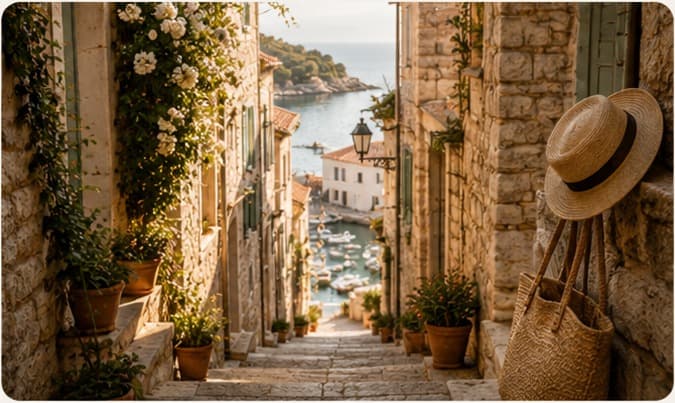 A narrow stone lane in Cortelume lined with climbing flowers and potted plants, leading downhill to a small harbour and the sea, with a straw hat and woven bag hanging by a doorway.