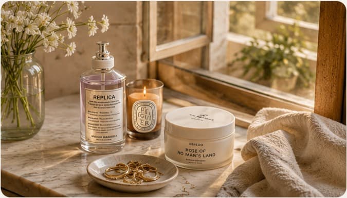 A marble windowsill at golden hour with a perfume bottle, a scented candle, a jar of body cream, gold rings on a small dish and a vase of white flowers, sunlight streaming through an open window.