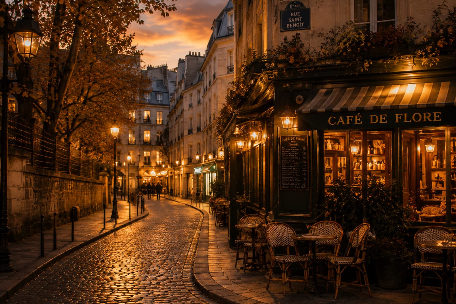 A golden-lit European street in early autumn with a café glowing warmly at dusk.