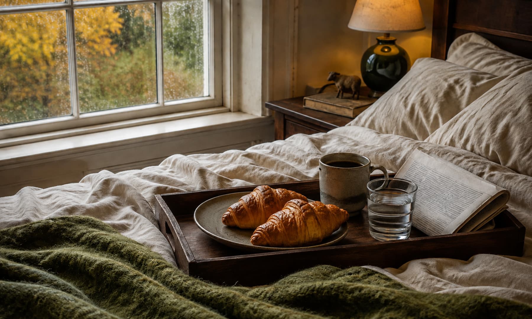 A breakfast tray with iced coffee in a straight croissant-relief glass and two croissants on a softly layered autumn bed.