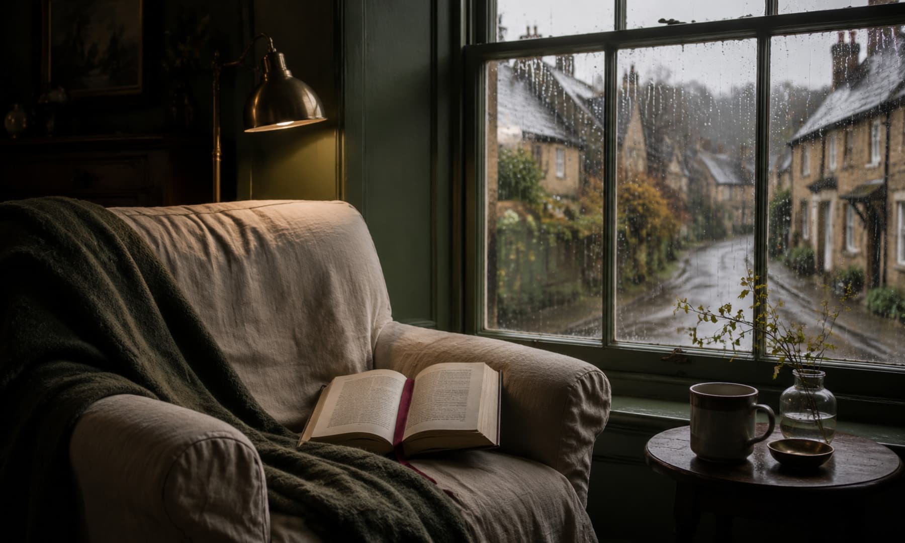 An open book and warm drink beside a rain-streaked window during a quiet autumn reading hour.