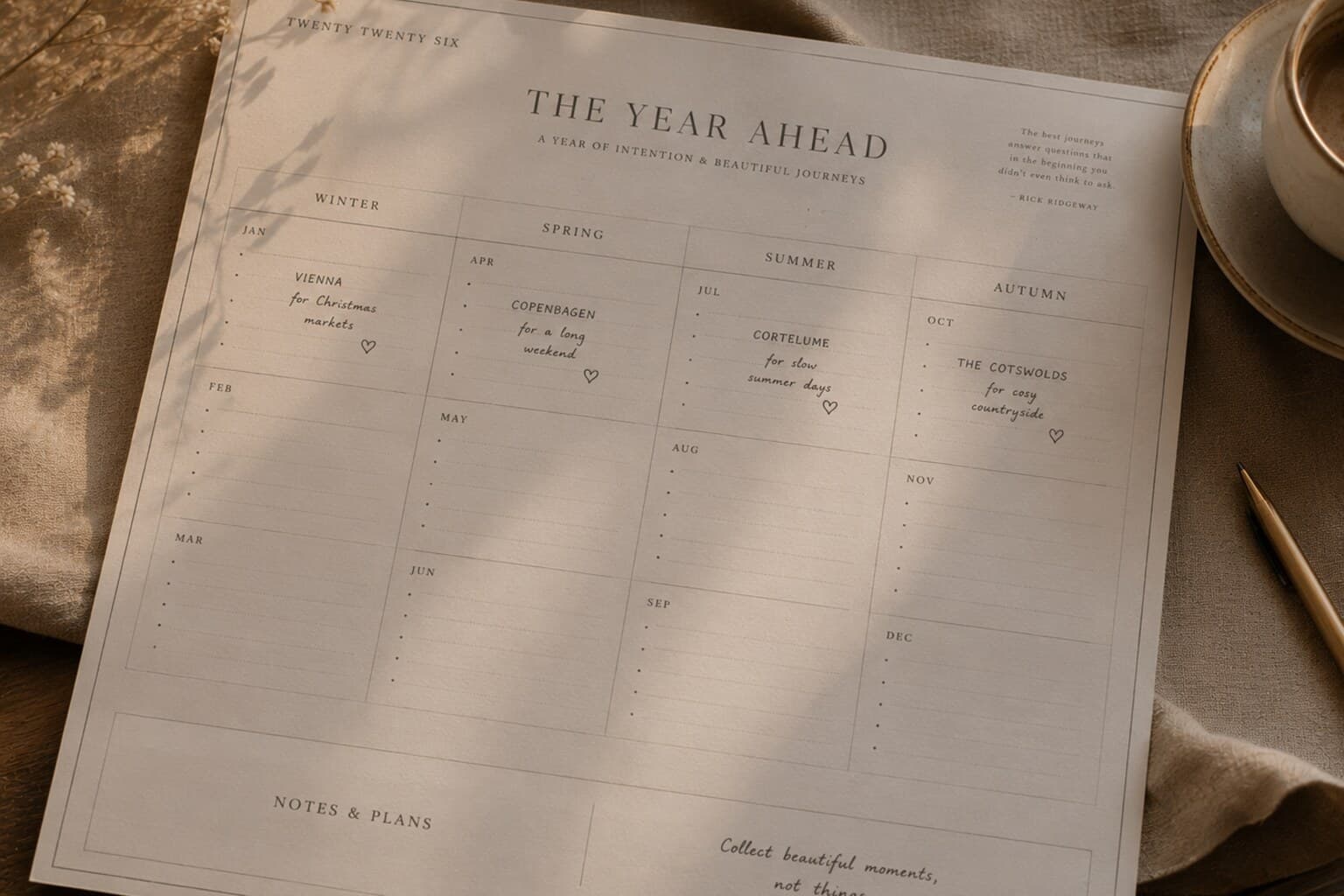 A yearly planning calendar with one small journey noted for each season.