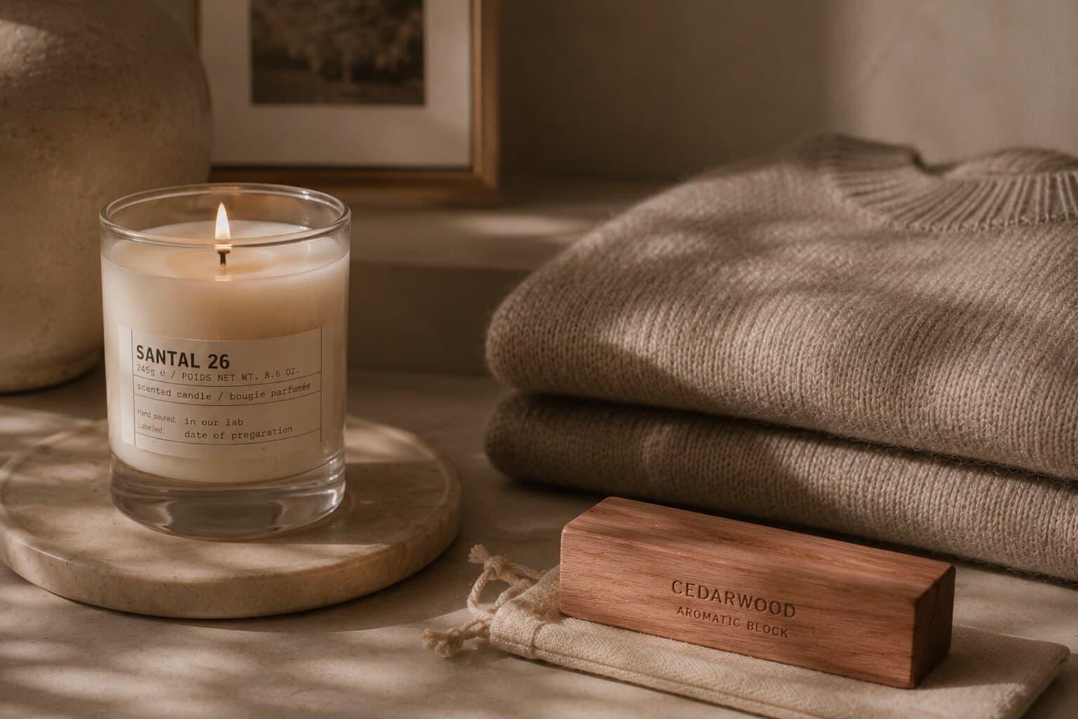 A lit candle beside a cedar block and a folded sweater, kept apart to avoid competing scents.