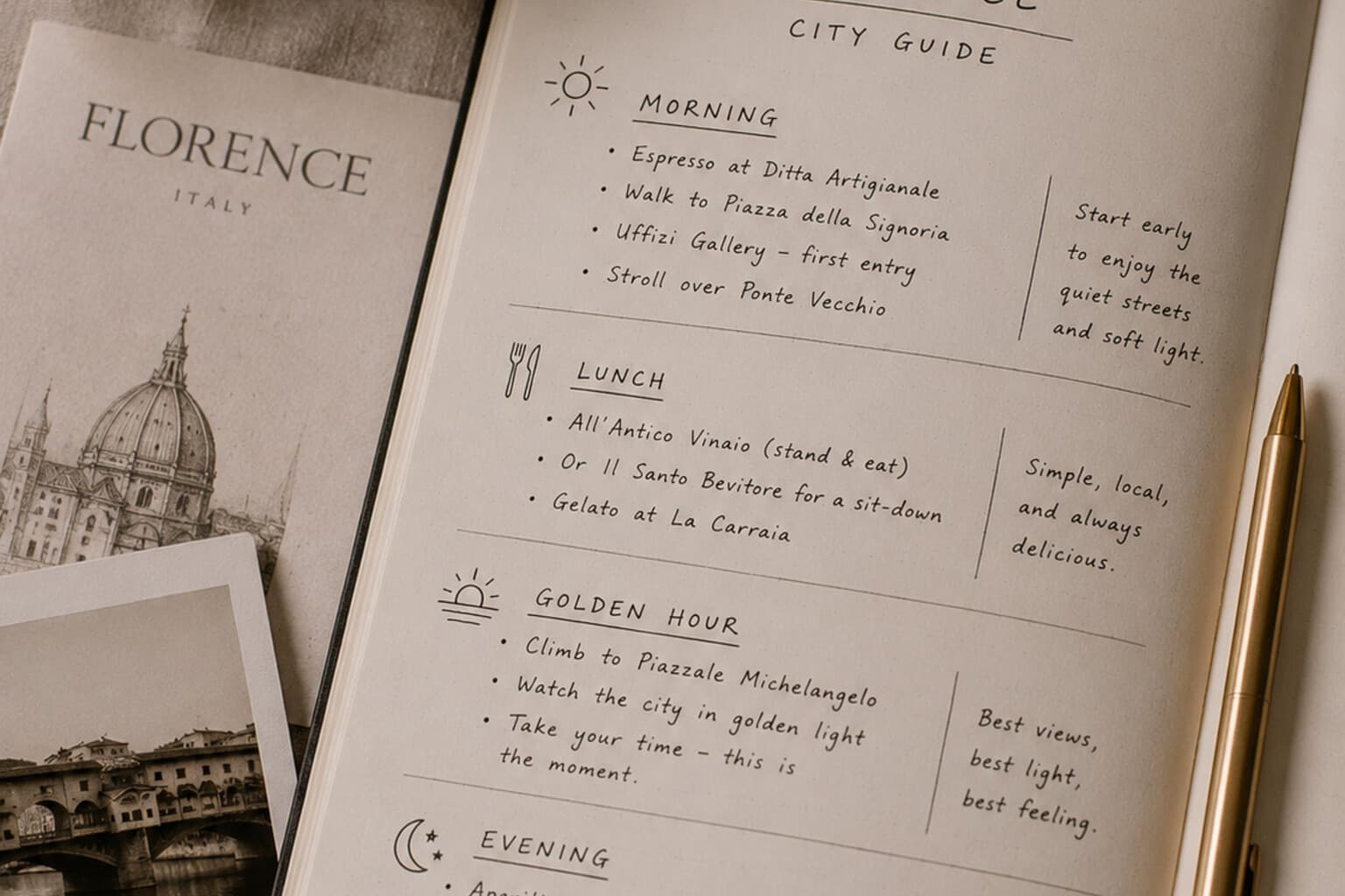 A handwritten city guide organised by morning, lunch, golden hour and evening.