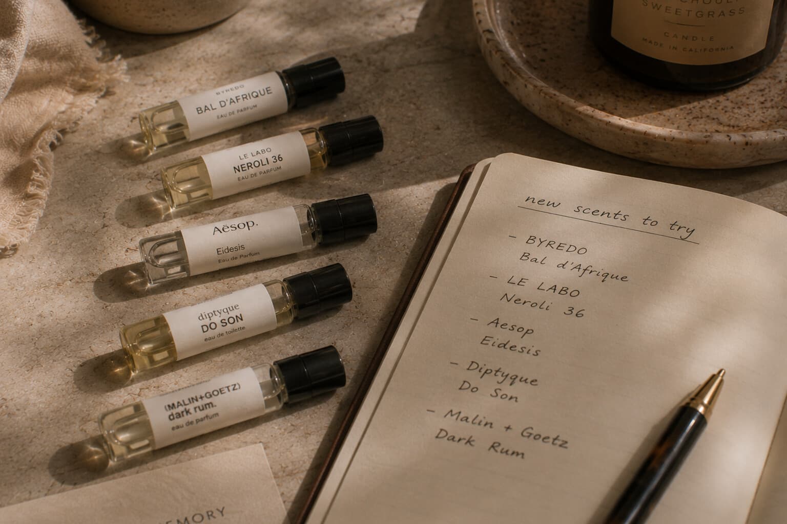 A small group of perfume samples arranged for testing beside a notebook.