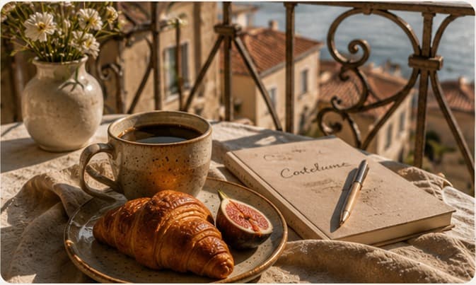 A cup of coffee, a croissant and a sliced fig on a balcony table overlooking Cortelume rooftops and the sea at sunrise, with an open notebook and pen beside a small vase of flowers.