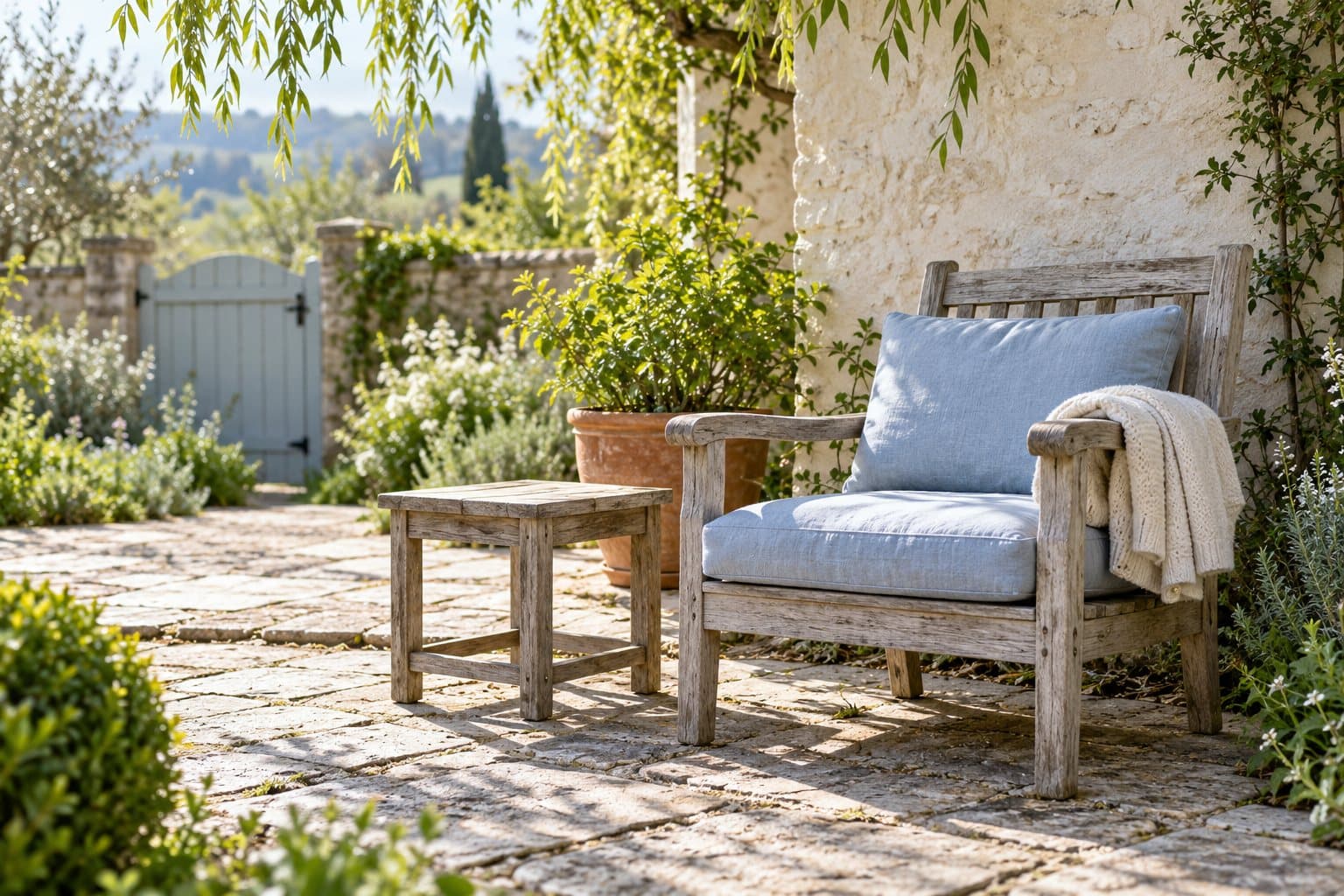 AI-created image of a weathered wooden garden chair with a pale blue cushion and a knitted blanket, beside a small wooden table on a sunlit stone terrace.