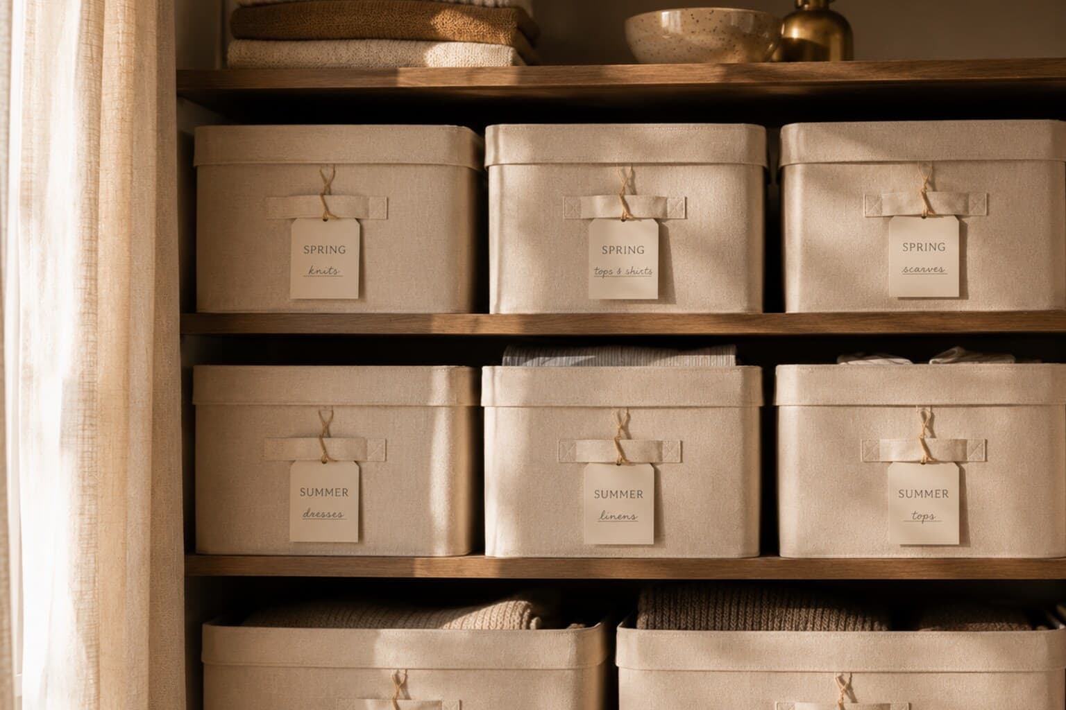 Labelled storage boxes of seasonal clothing and textiles stacked on a shelf.