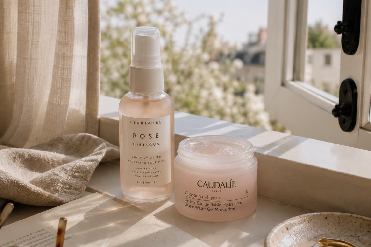 A light gel moisturiser and facial mist beside an open window with soft spring daylight.