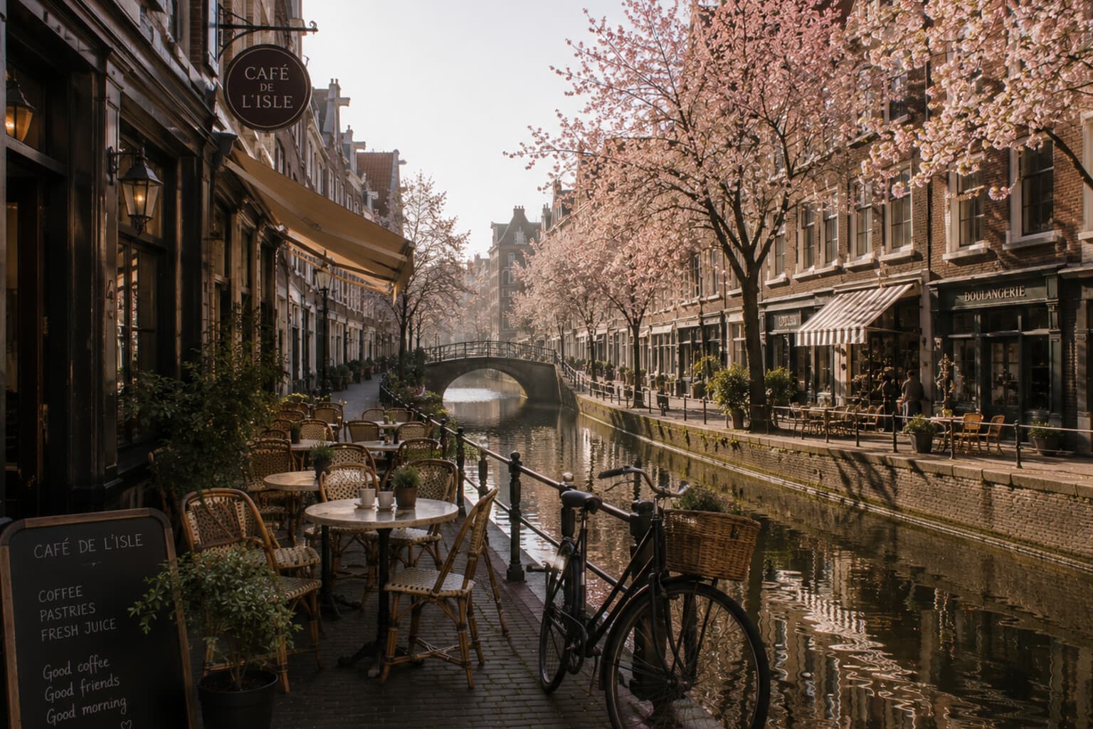 A European canal lined with blossoming trees and cafés opening for the morning.