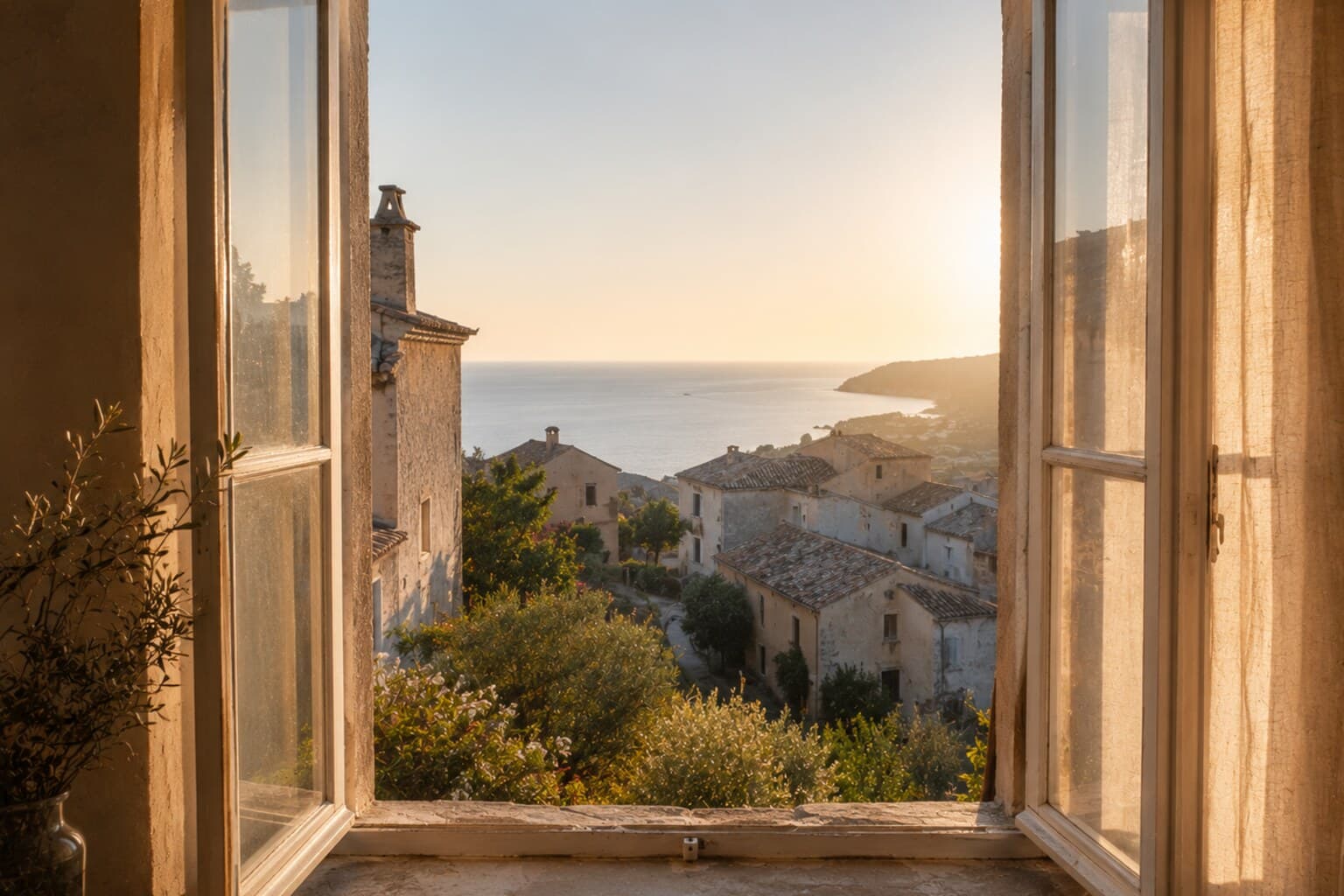 An open window in a coastal European village looking out over long summer light.