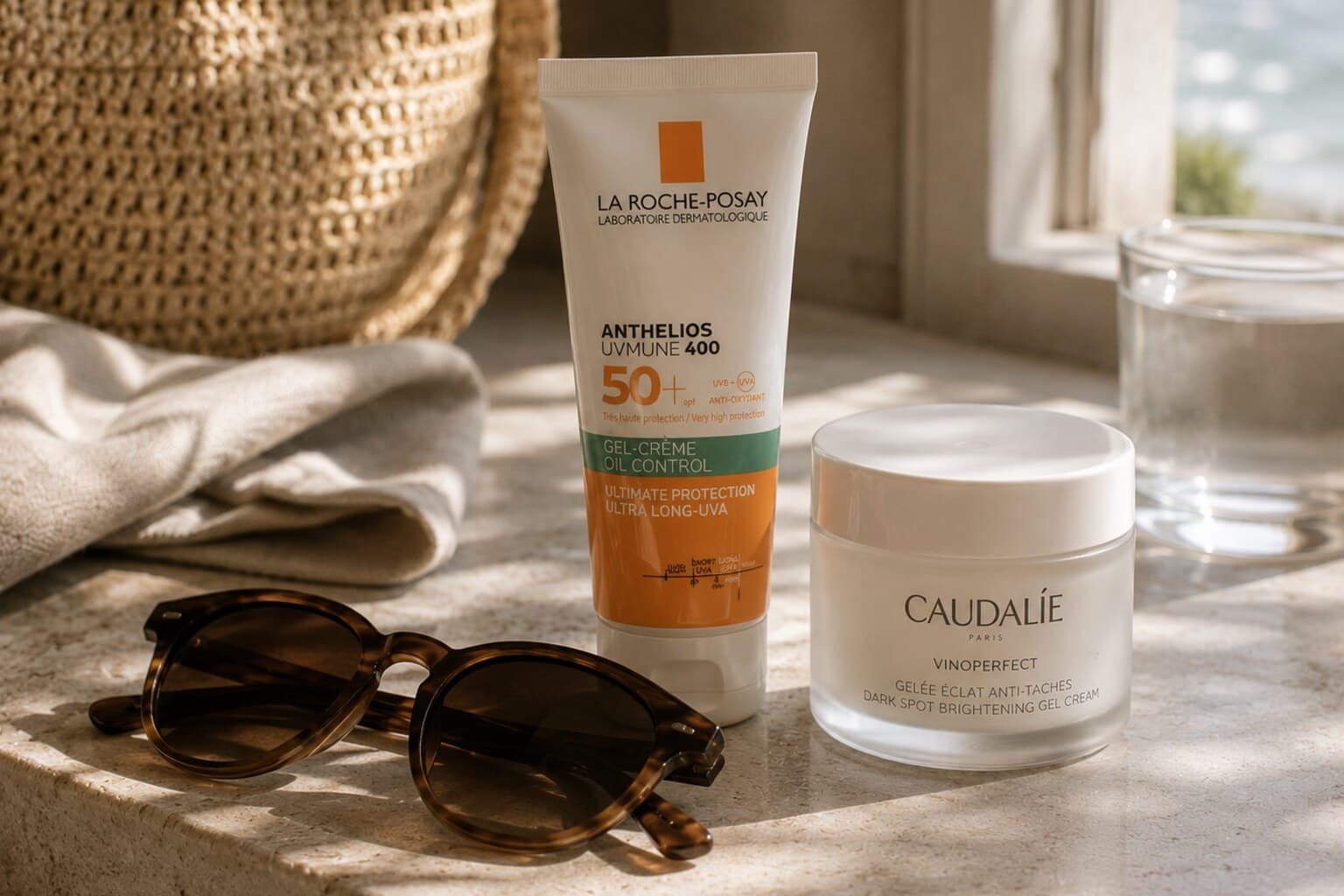 A tube of sunscreen and a light gel moisturiser set out beside sunglasses on a summer morning.