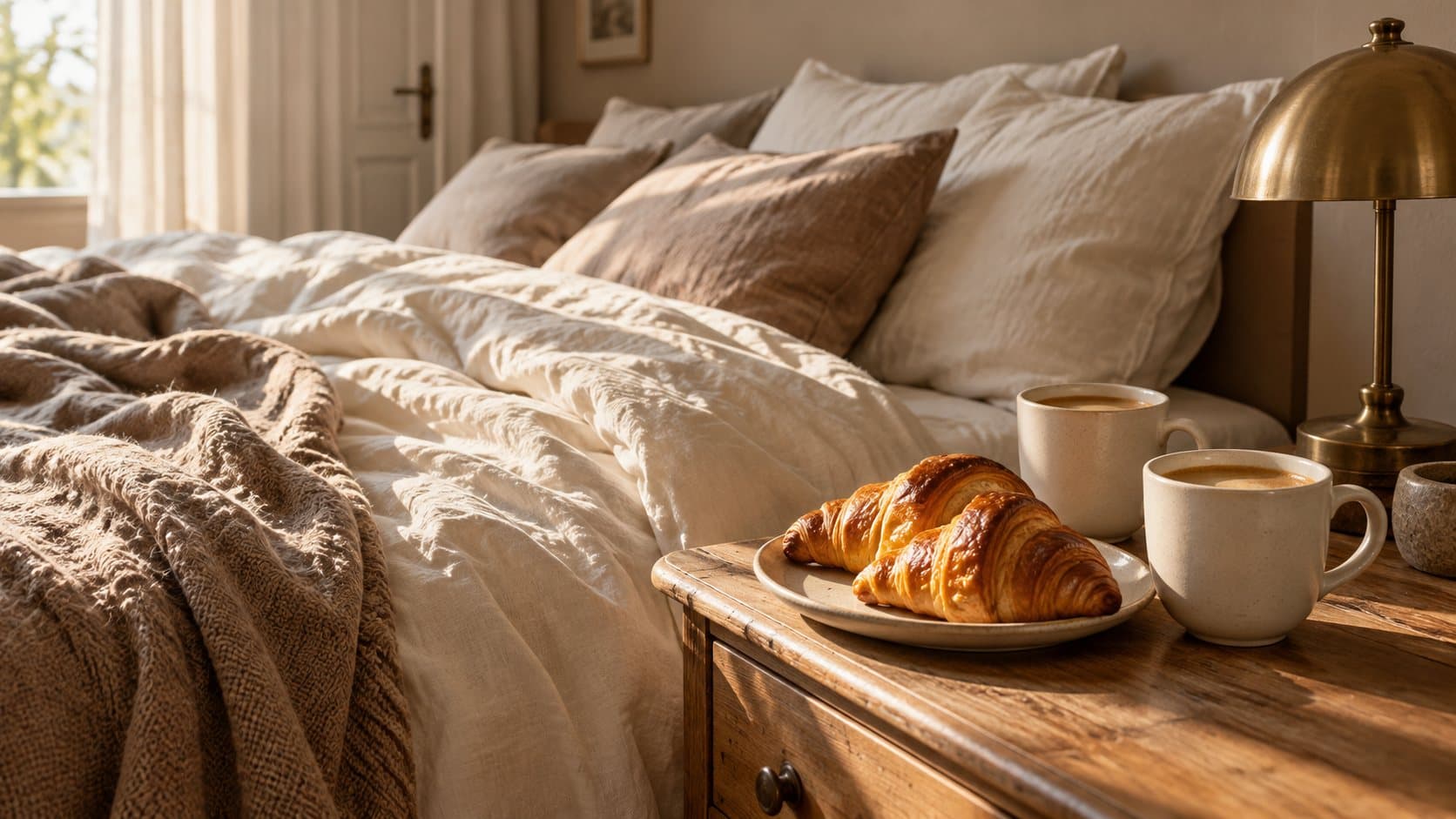 Coffee and croissants beside softly rumpled bedding in the morning light.