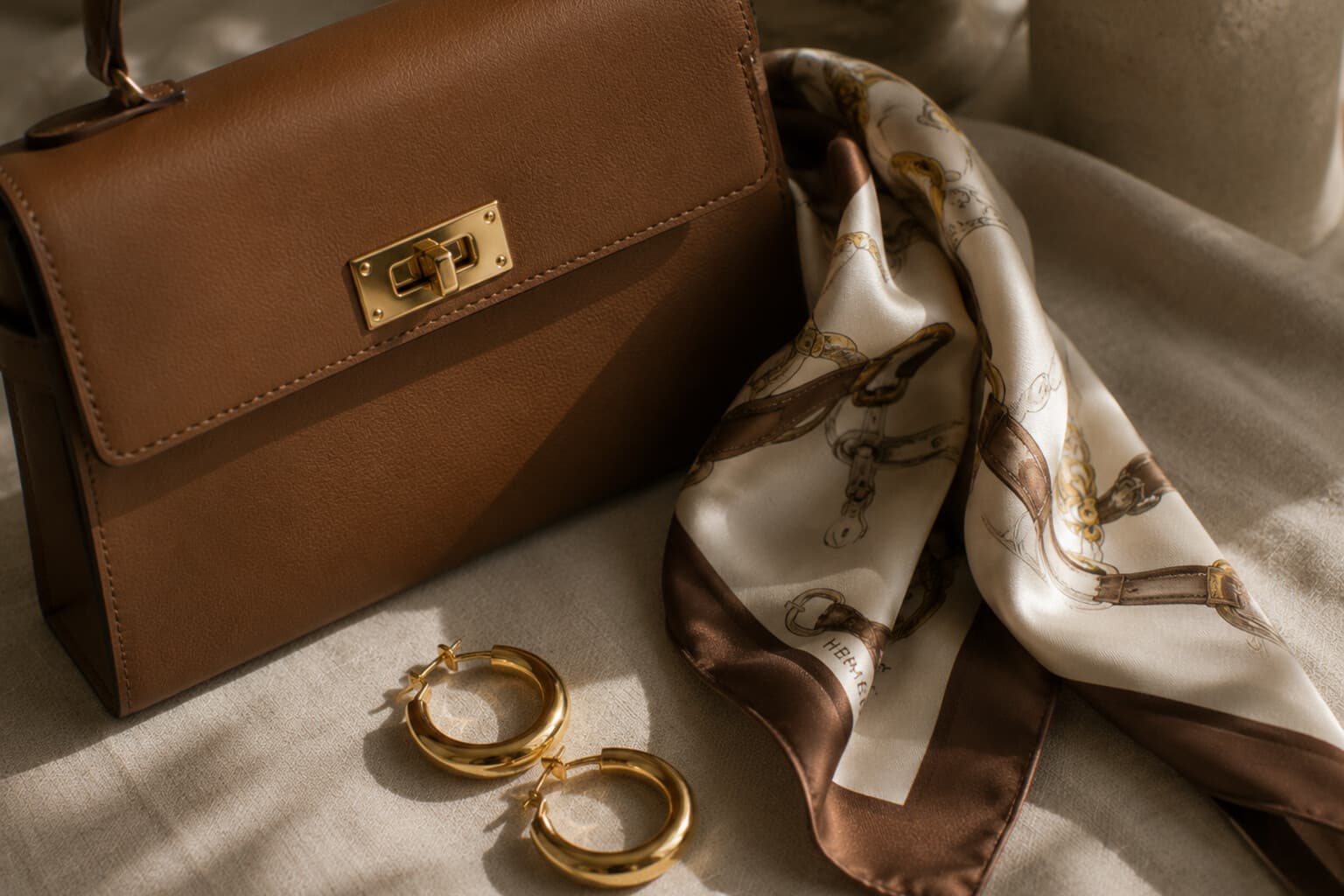 A structured leather bag, gold hoops and a folded silk scarf arranged together.