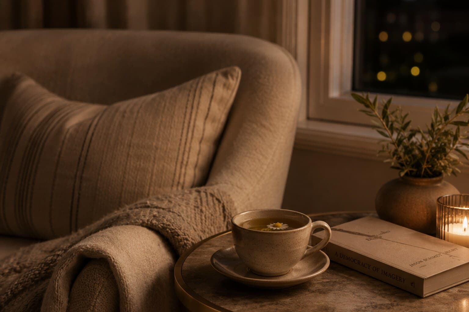 A small cup of herbal tea placed on a side table beside a reading chair in the evening.