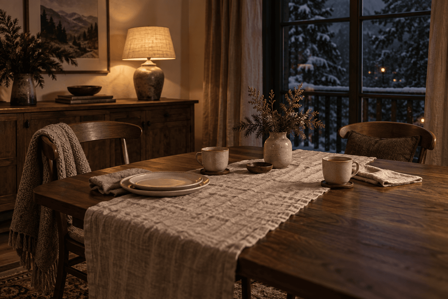 Two cups and stacked plates on a winter supper table, with warm lamplight and snowy trees outside.