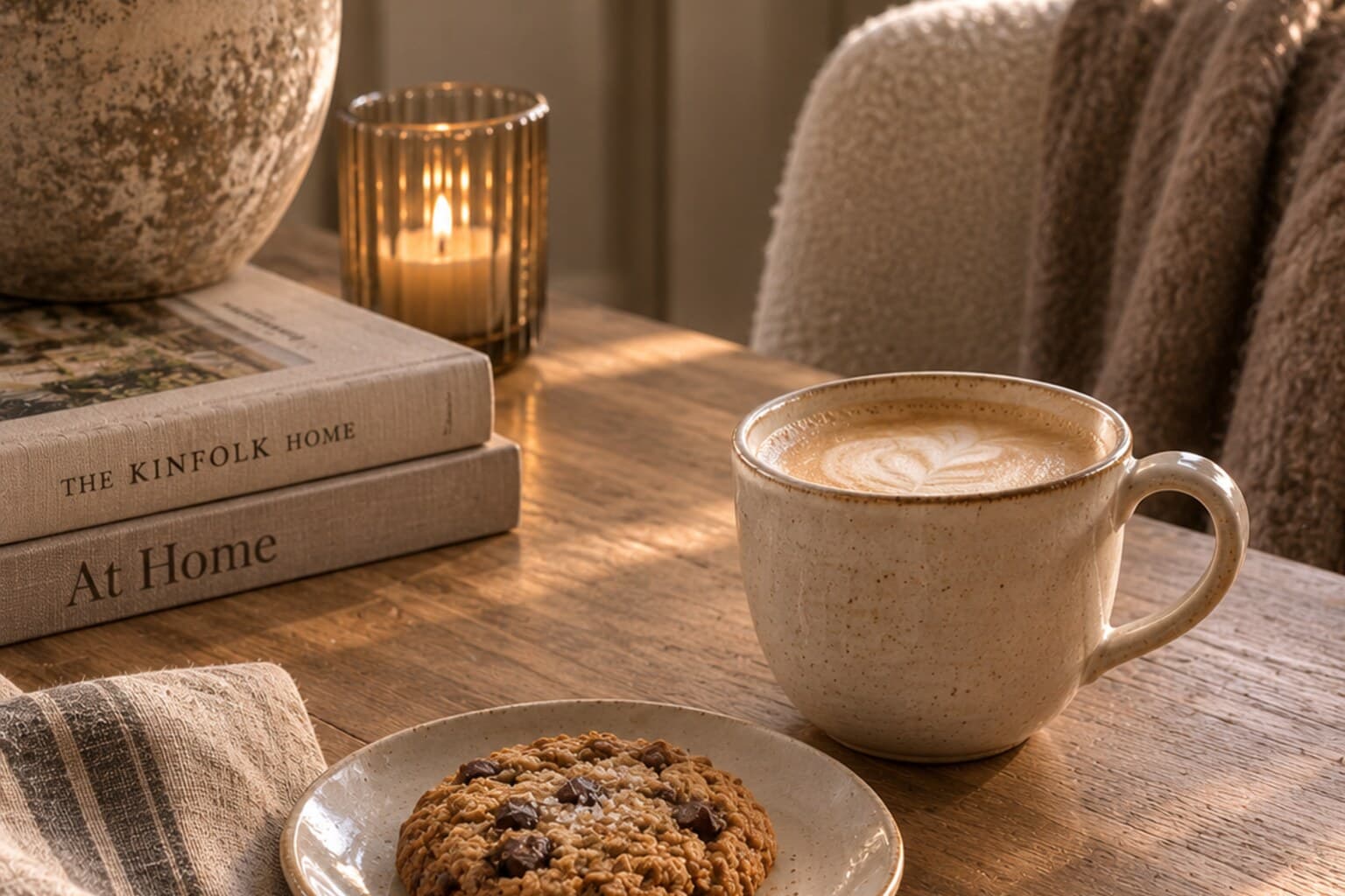 A cup of coffee and a small plate with one cookie set on a cleared corner of a table.