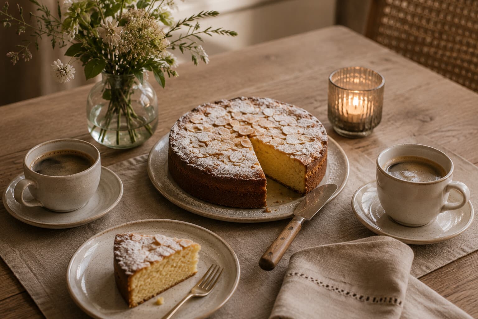 A small cake sliced beside two cups of coffee on a table set for an afternoon visit.