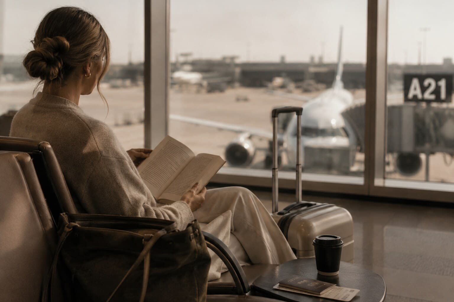 A calm traveller reading a book at a quiet airport gate before boarding.