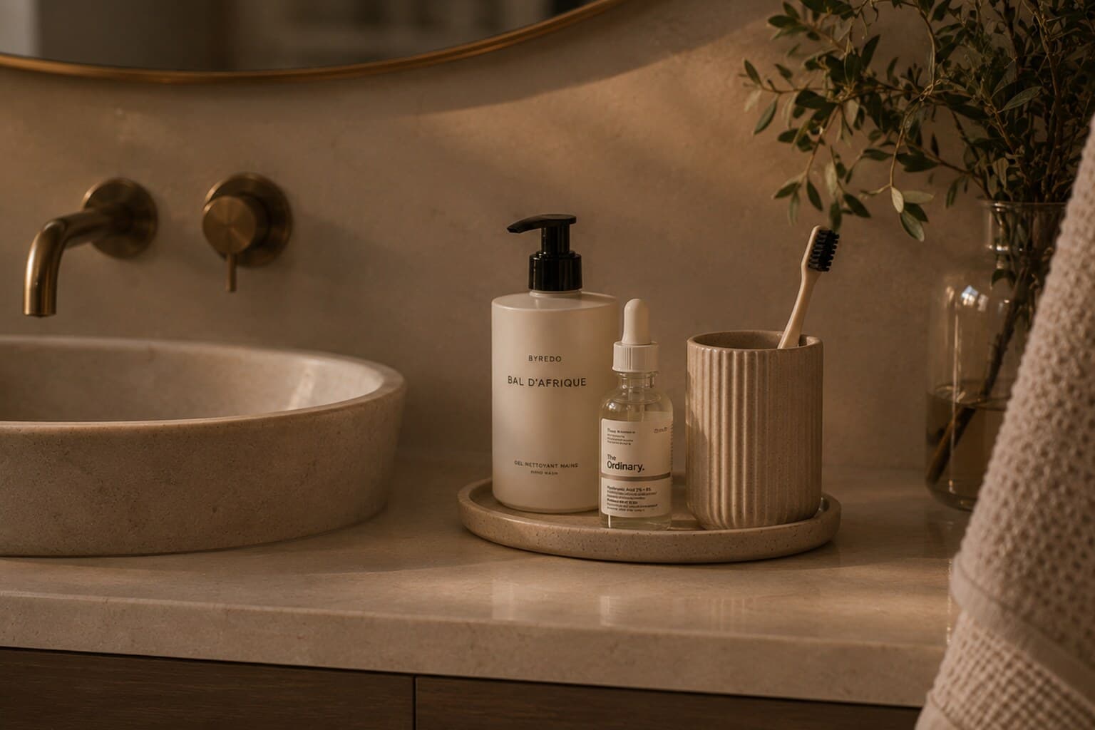 A calm bathroom counter with only a few daily essentials visible, the rest stored away.