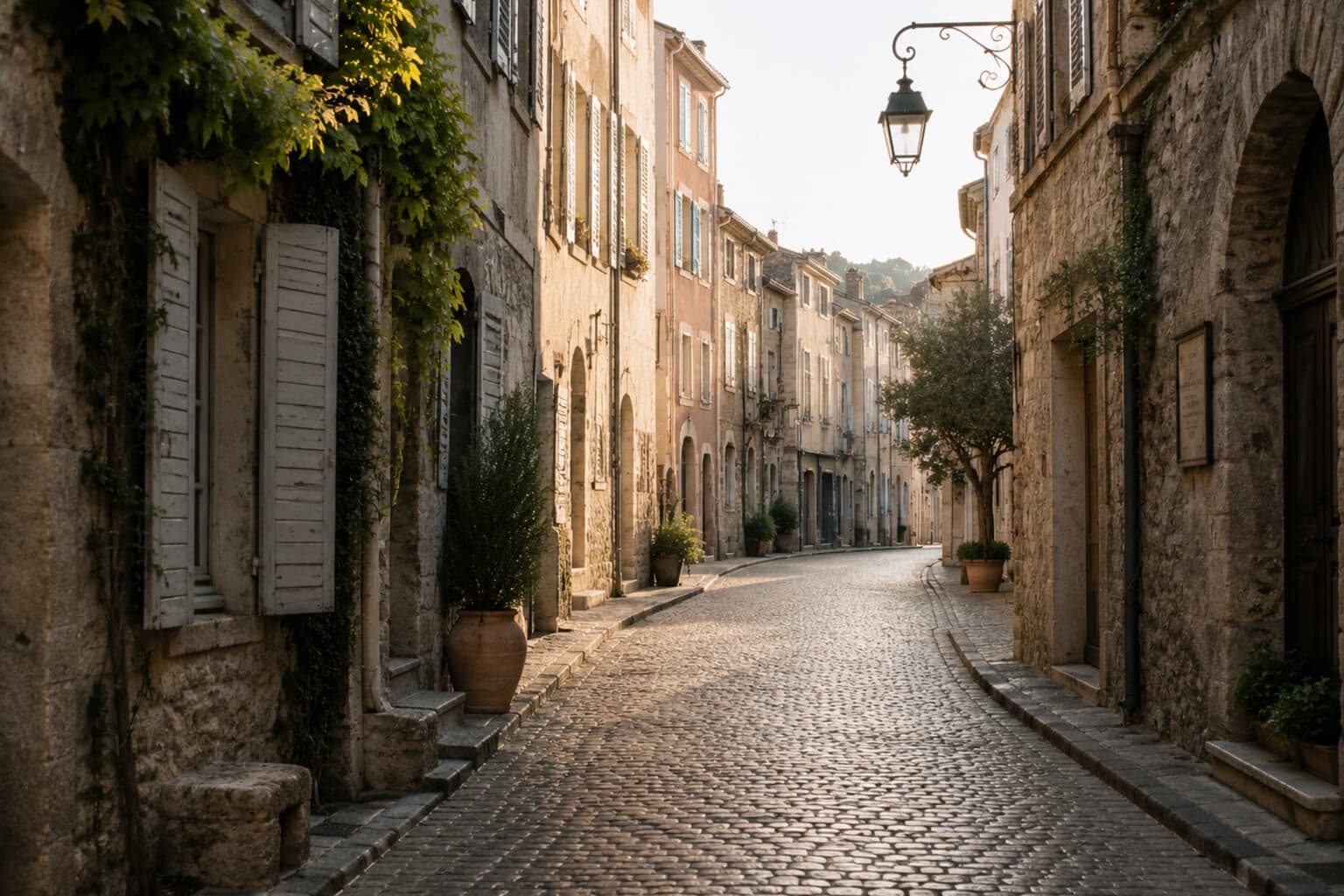 A quiet European street in the early morning light, empty of tourists.