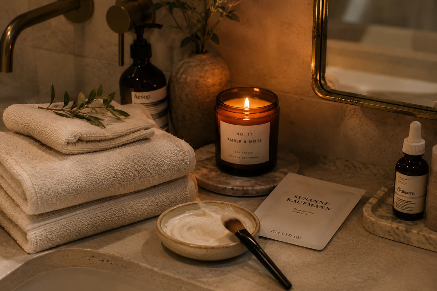A warmly lit bathroom prepared with clean towels, a candle and a simple face mask.