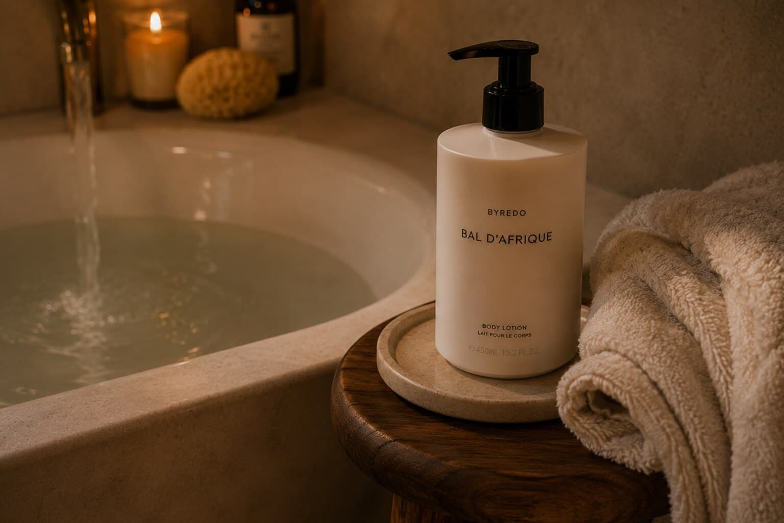 Body lotion and a soft towel arranged beside a warm bath.