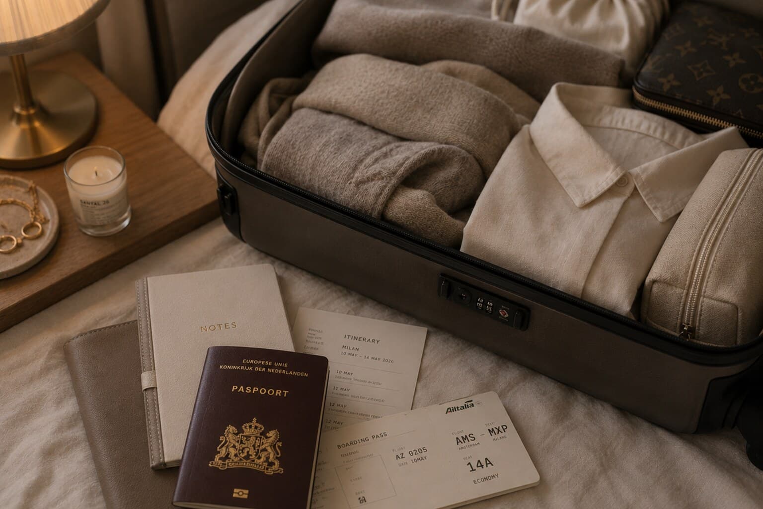 A packed suitcase, passport and travel documents laid out calmly the evening before a trip.