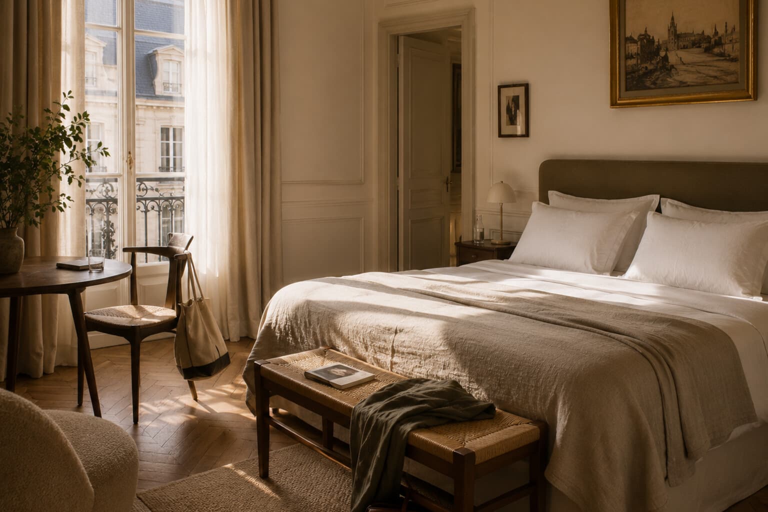 A boutique European hotel room with natural light and thoughtfully chosen furnishings.