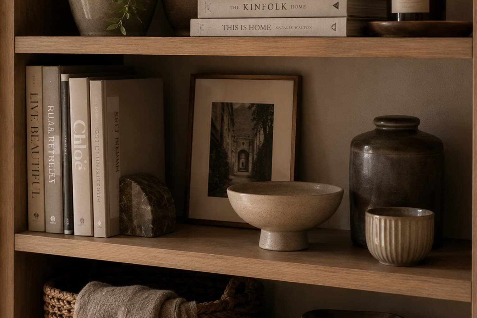 An open shelf styled with grouped books, ceramics and a small framed image.