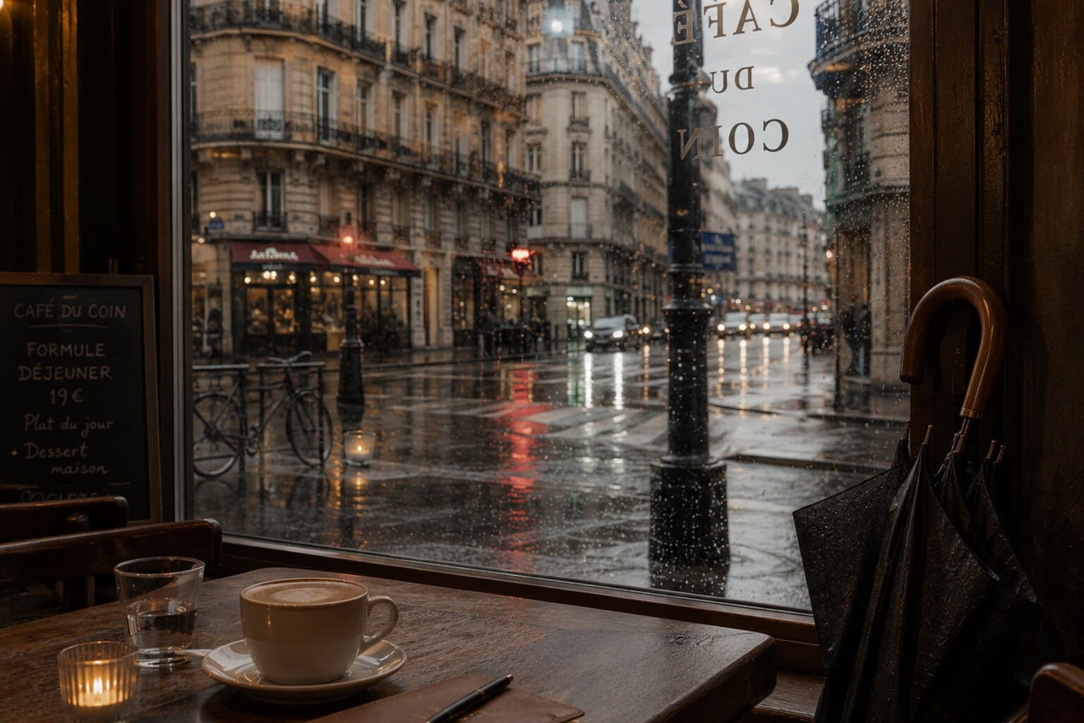 A rainy European street seen through a café window, with an umbrella resting nearby.