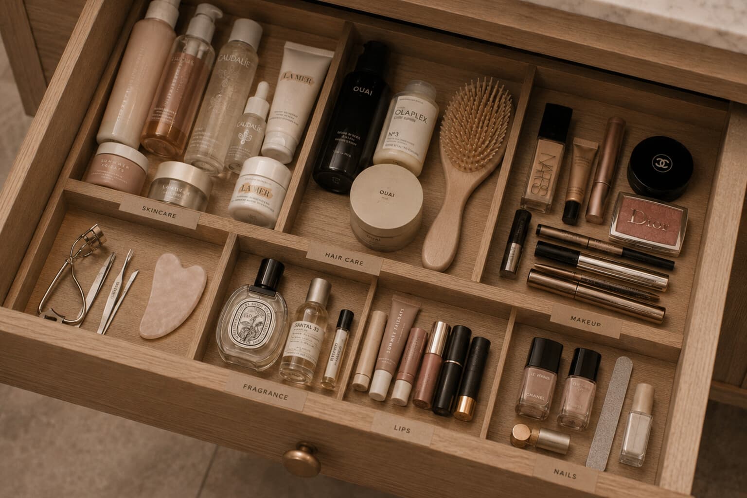 An emptied beauty drawer with products sorted into small categorised groups.