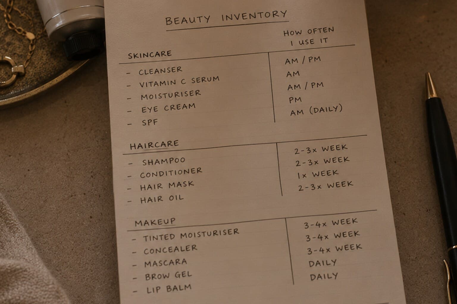 A small handwritten list tracking beauty products by category and how often each is used.