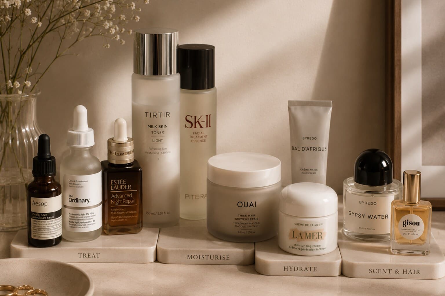A small, edited beauty shelf with products grouped by function on a clean surface.