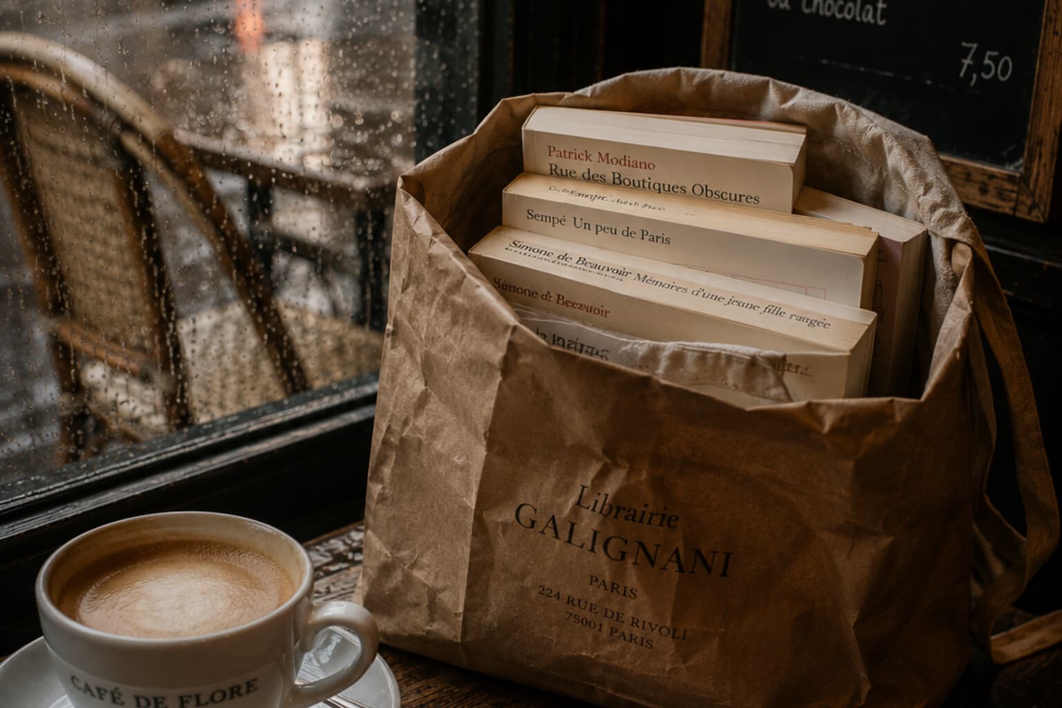 A paper bag of books beside a coffee cup on a rainy café table.