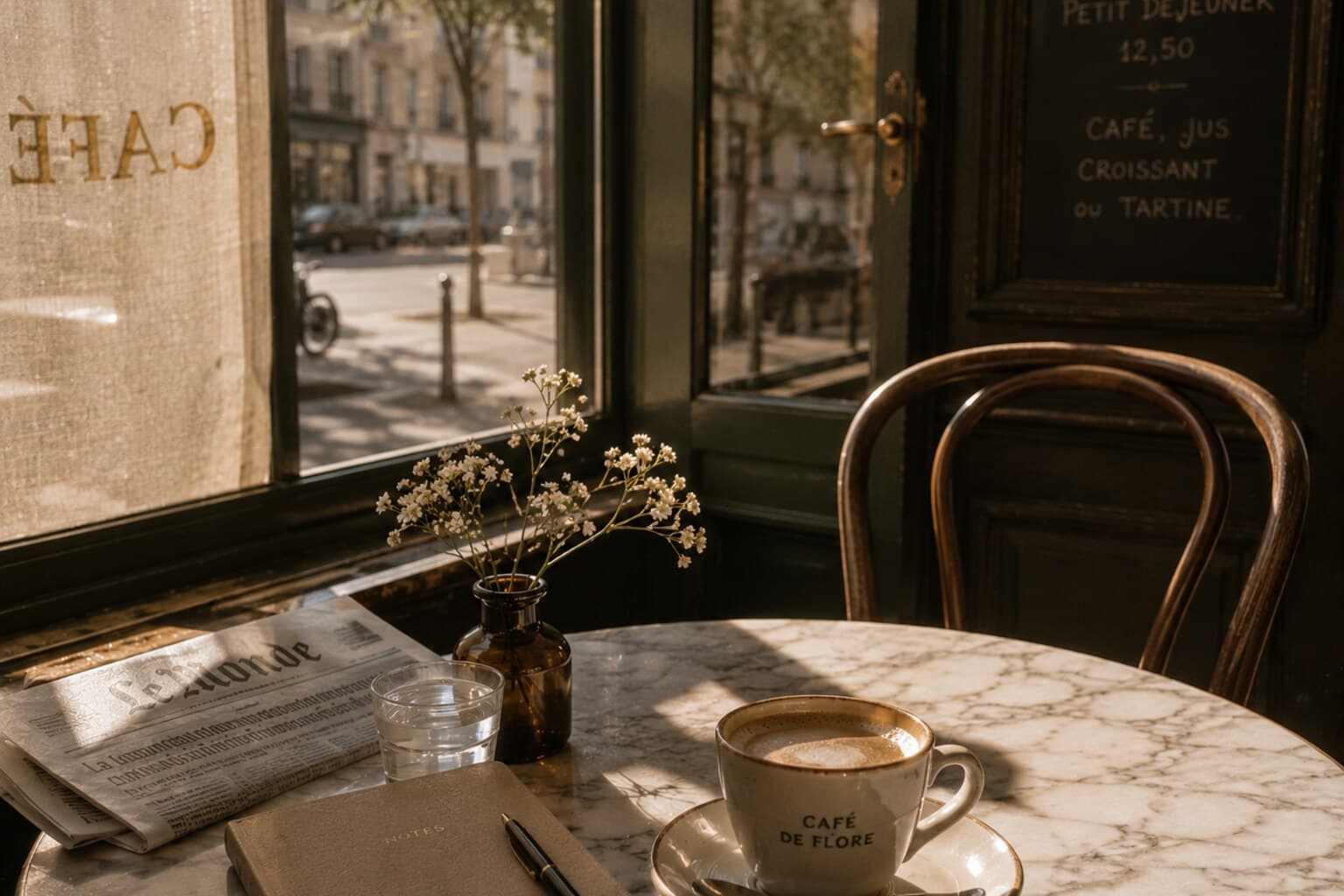 A favourite neighbourhood café table with morning light and a coffee cup.