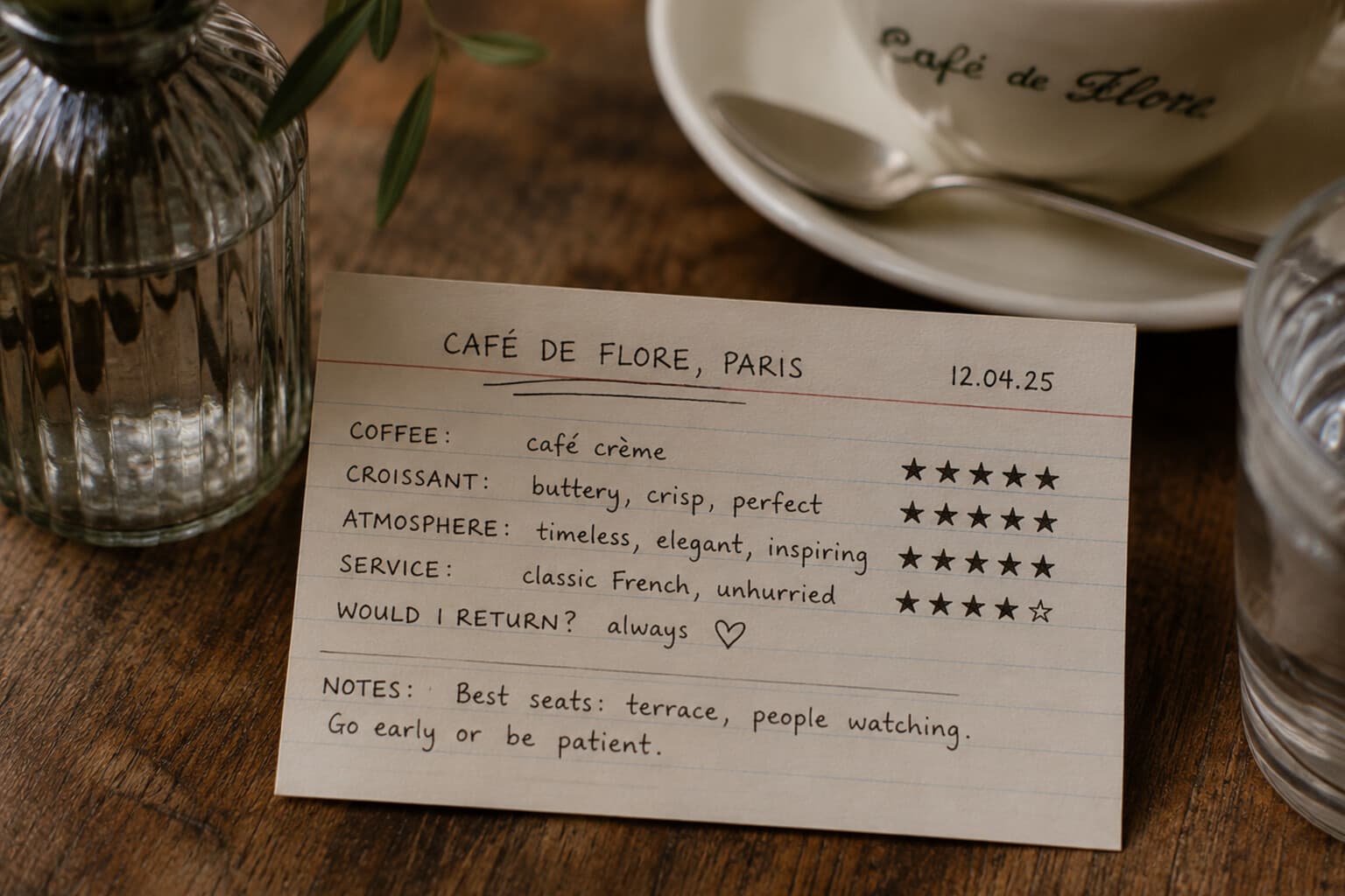 A small handwritten index card rating a favourite European café.