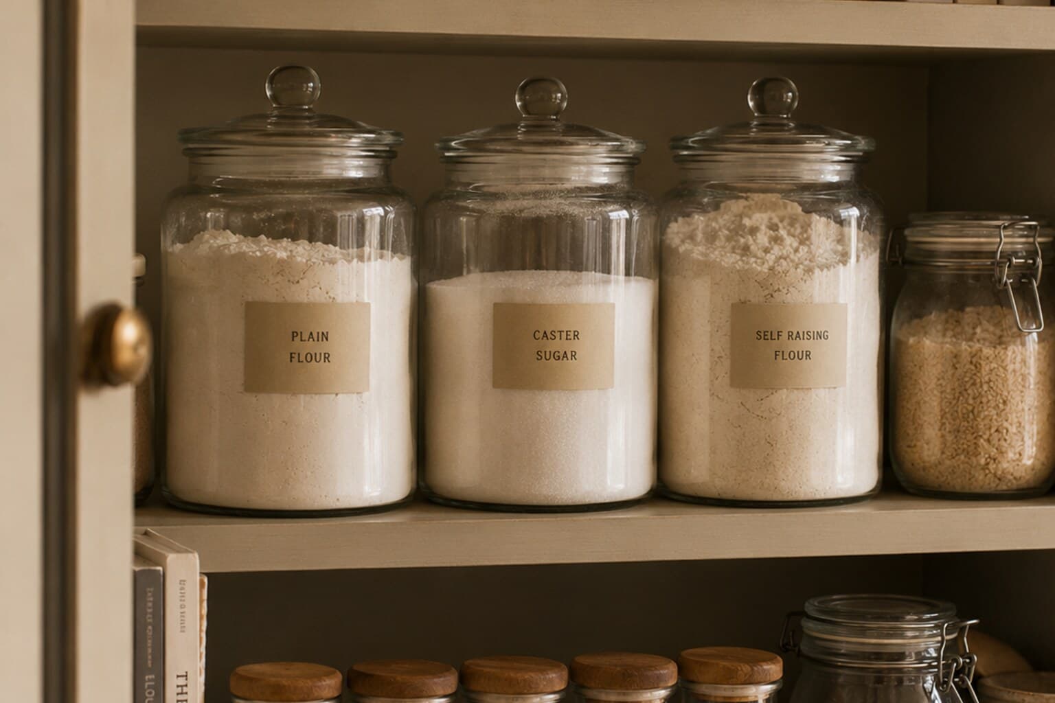 A tidy baking cupboard shelf with labelled jars of flour, sugar and baking spices.