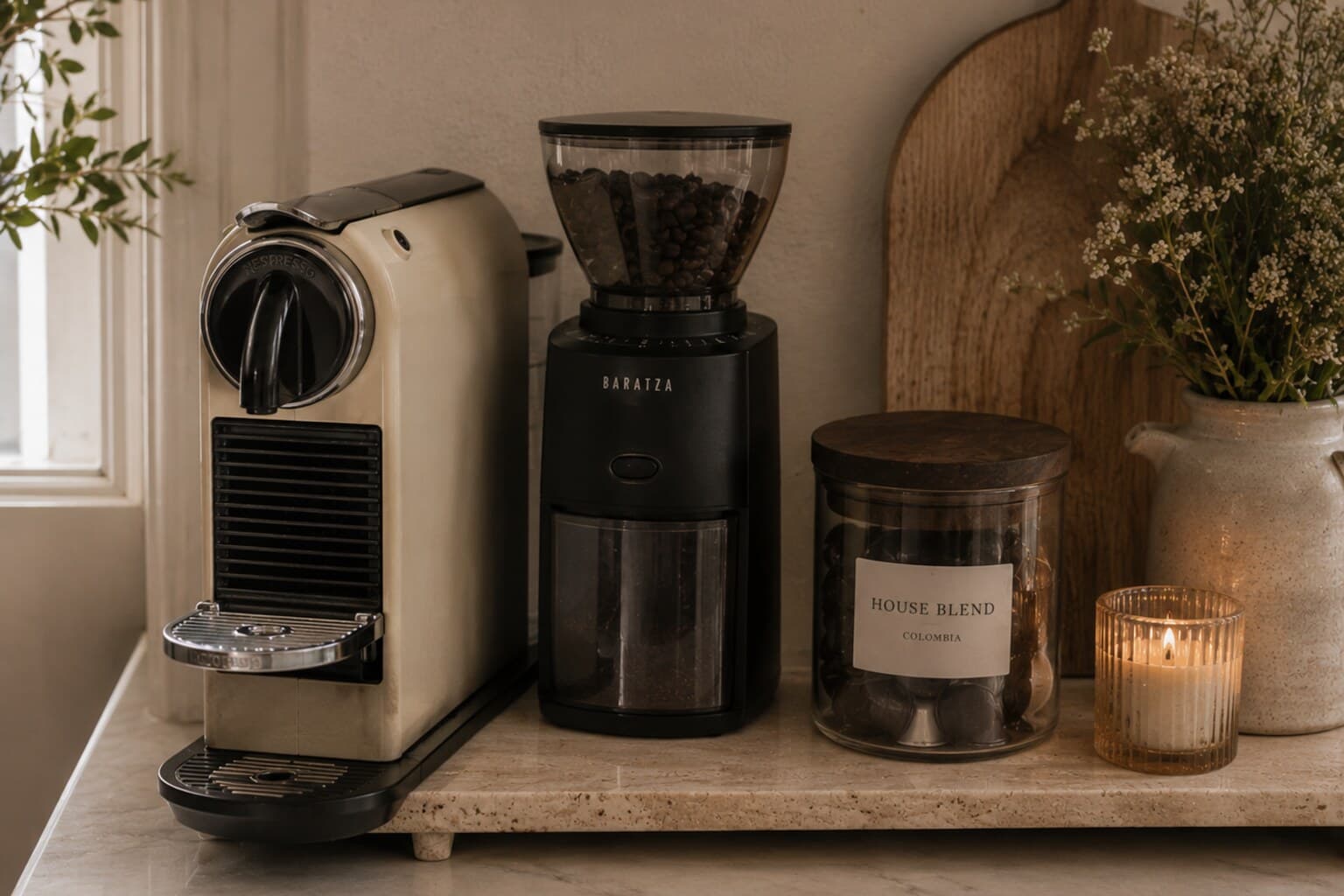 A tidy coffee station with a machine, grinder and one container of coffee within reach.