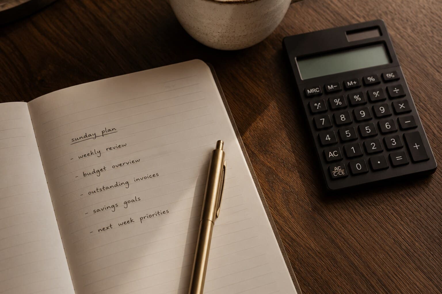 A notebook and pen beside a cup of coffee and a small calculator on a warm wooden table, softly lit.