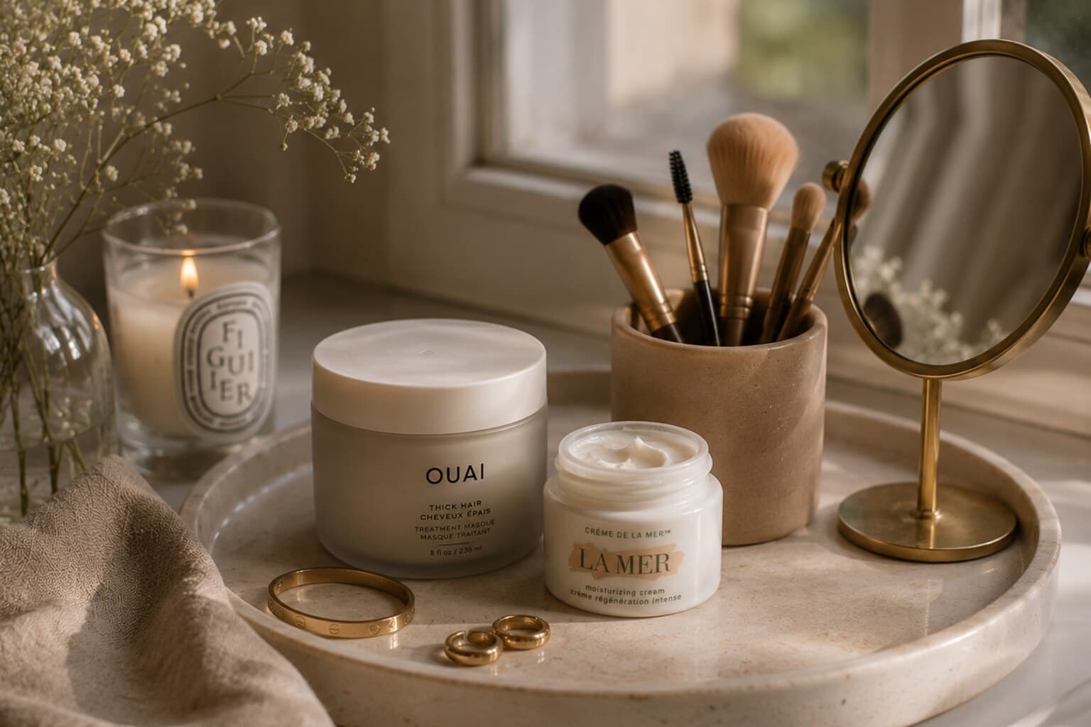 A simple morning beauty edit of moisturiser, brushes and a small mirror on a tray.