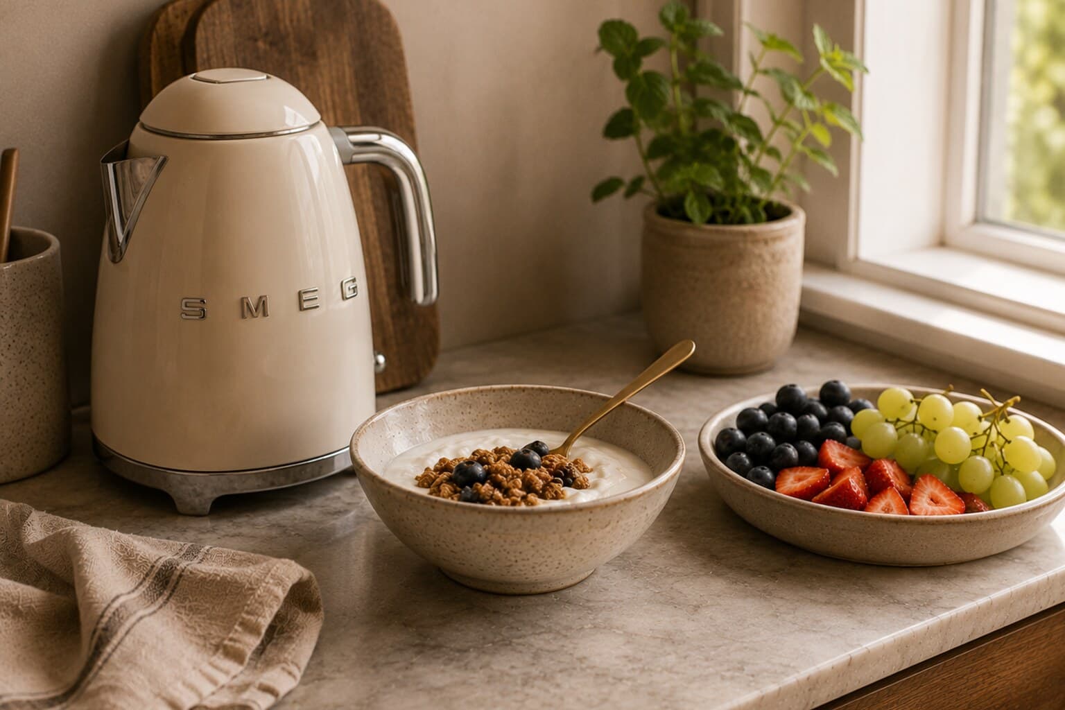A kettle, a bowl of yoghurt and fresh fruit laid out in sequence on a kitchen counter.