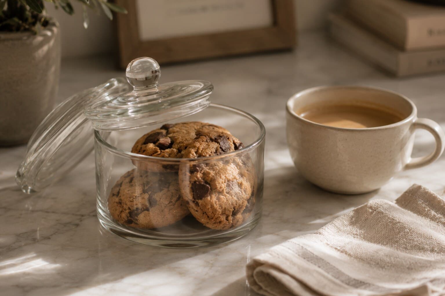A small glass cookie jar holding a few freshly baked cookies beside a cup of coffee.