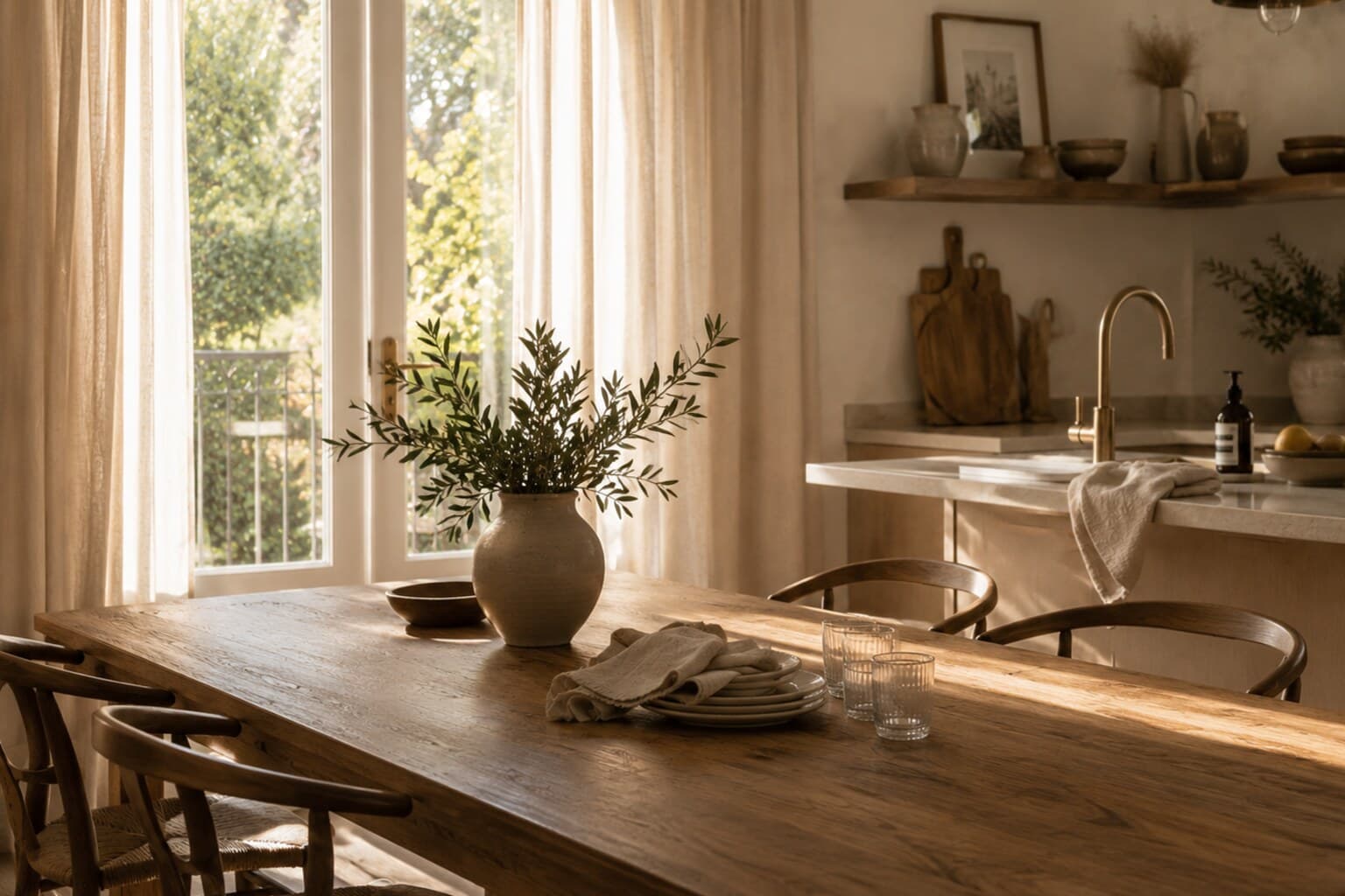 A calm kitchen the morning after a gathering, with a clear table and curtains open to soft light.