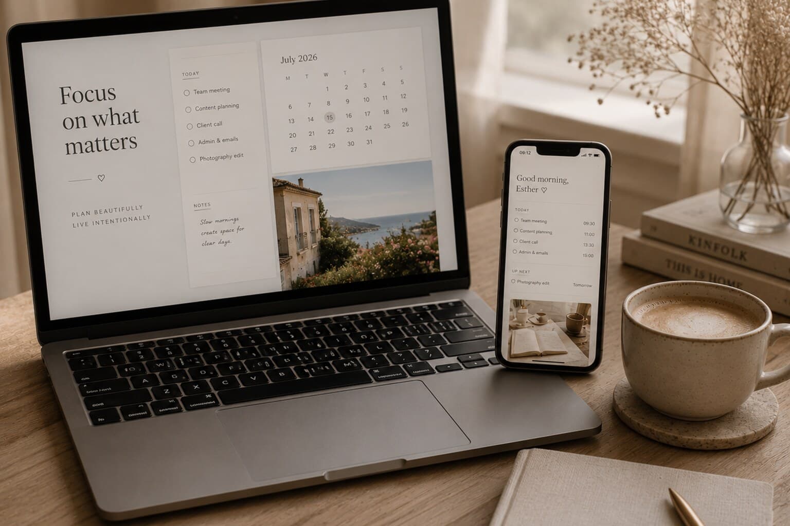 A laptop and phone side by side on a desk, screens tidy, beside a cup of coffee.