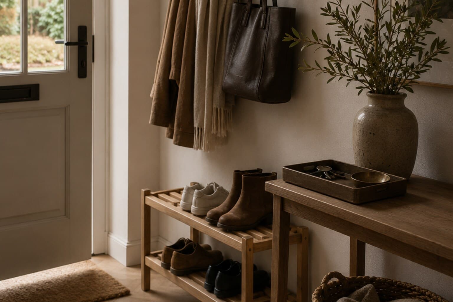 A tidy home entrance with hooks for coats, a shoe rack and a tray for keys.