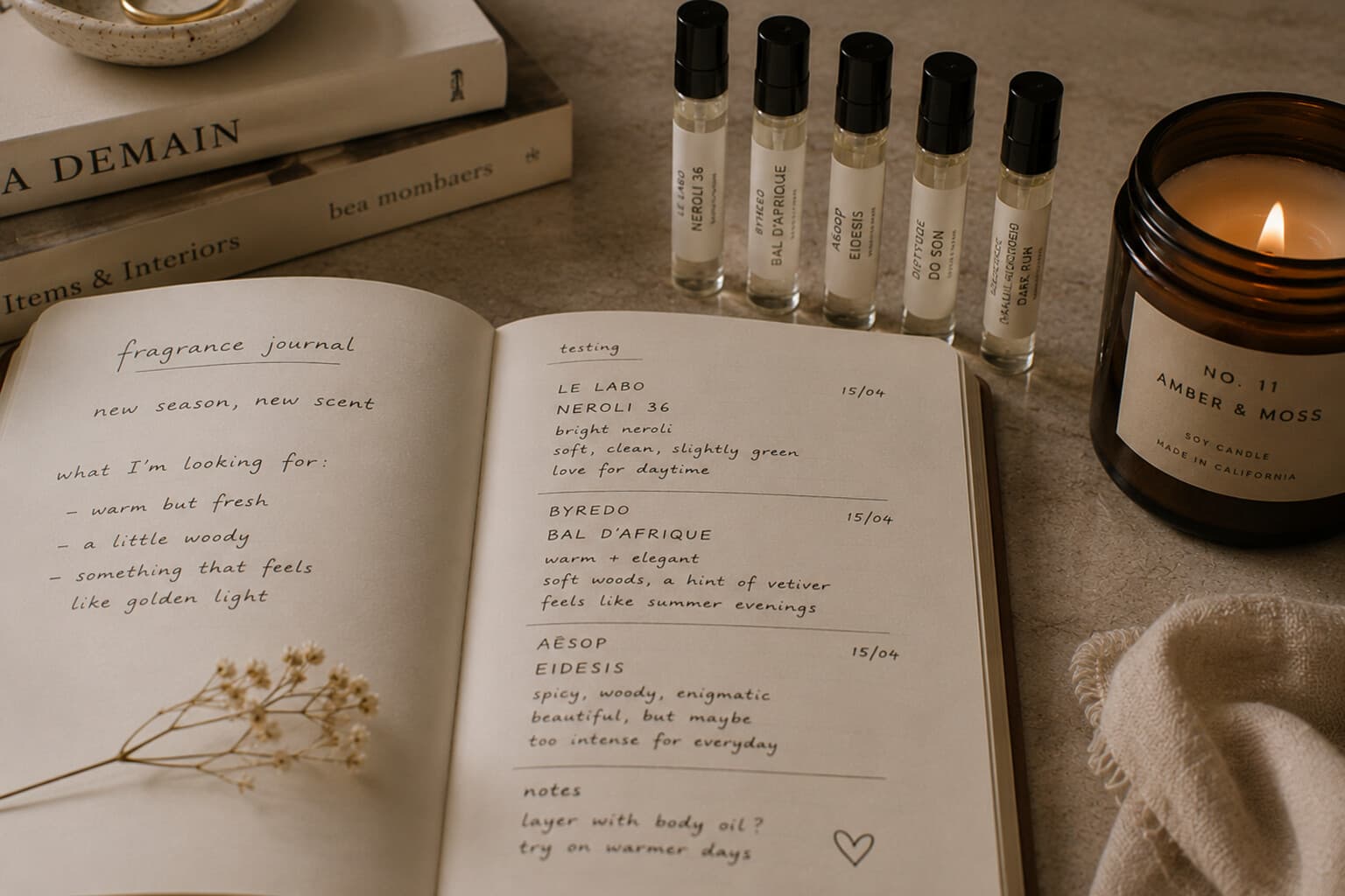 A handwritten fragrance journal open beside a small row of perfume samples.